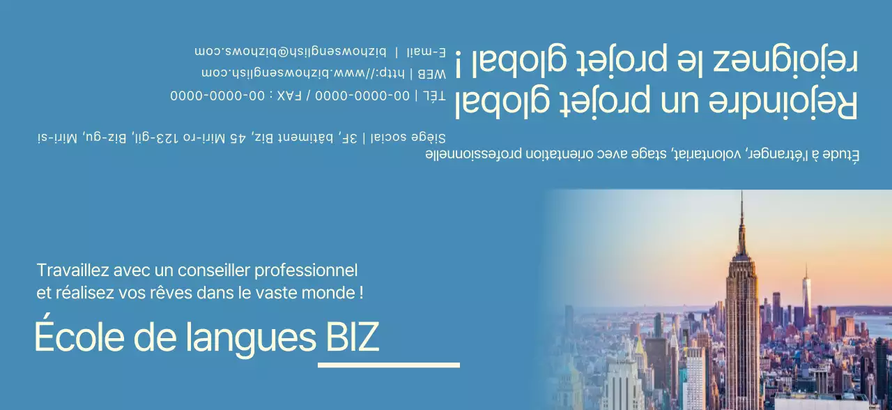 Pour la promotion d'une école de langues avec des photos bleues et jaunes de paysages étrangers