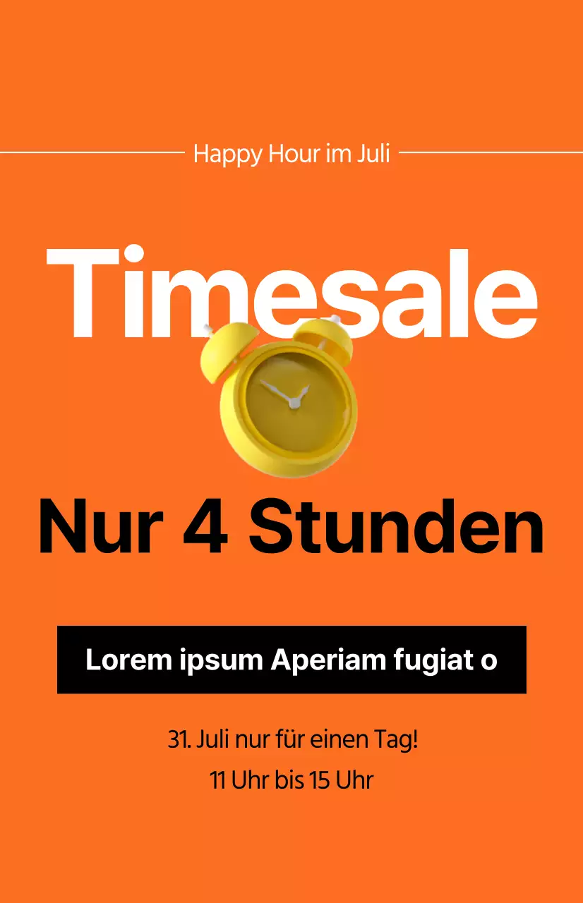 Eine aussagekräftige Zeitverkaufswerbung mit dem Bild eines Weckers auf orangefarbenem Hintergrund