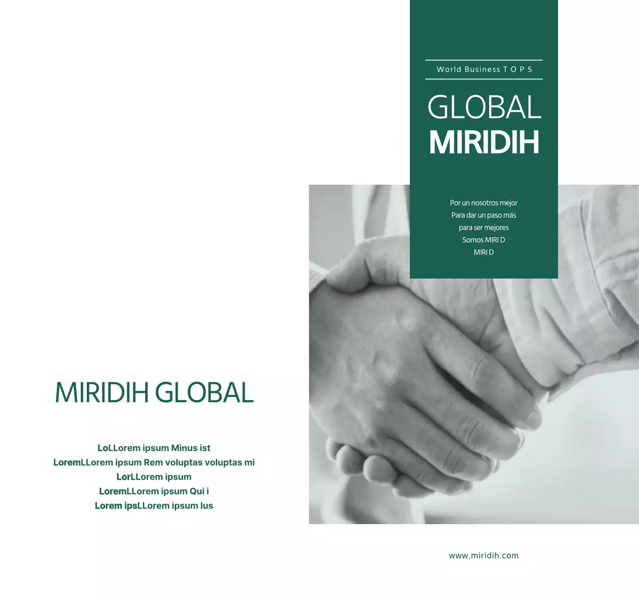 Un sencillo espejismo global con texto e imágenes en verde oscuro para promocionar la empresa.