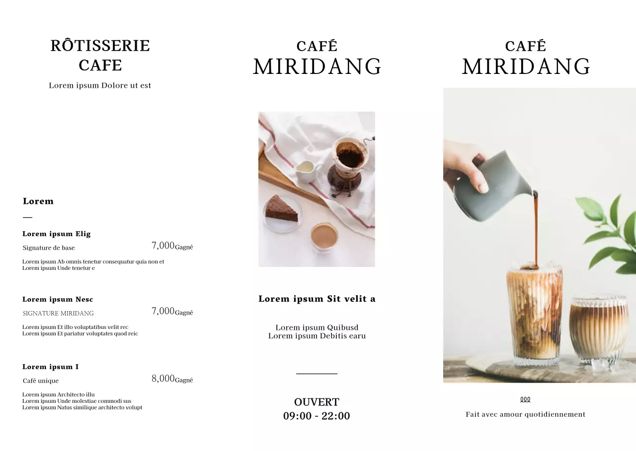 Un panneau de menu de café avec une mise en page de photo propre