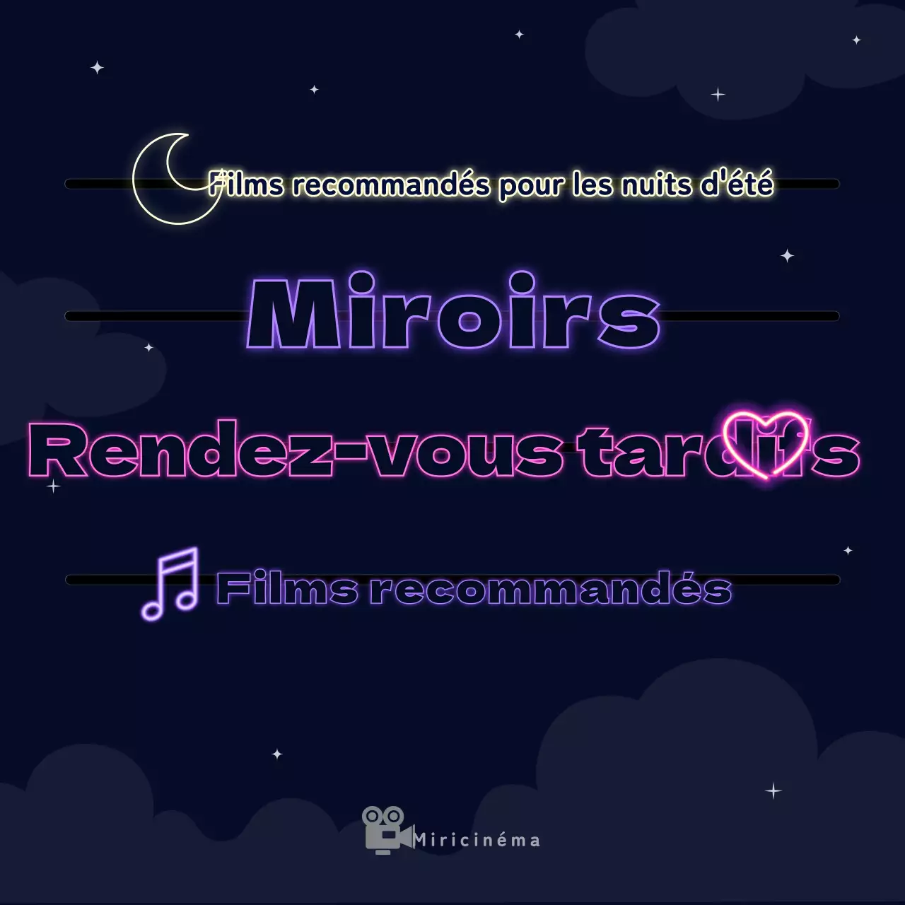 Recommandations de films pour les sorties nocturnes avec un fond bleu marine et des enseignes au néon