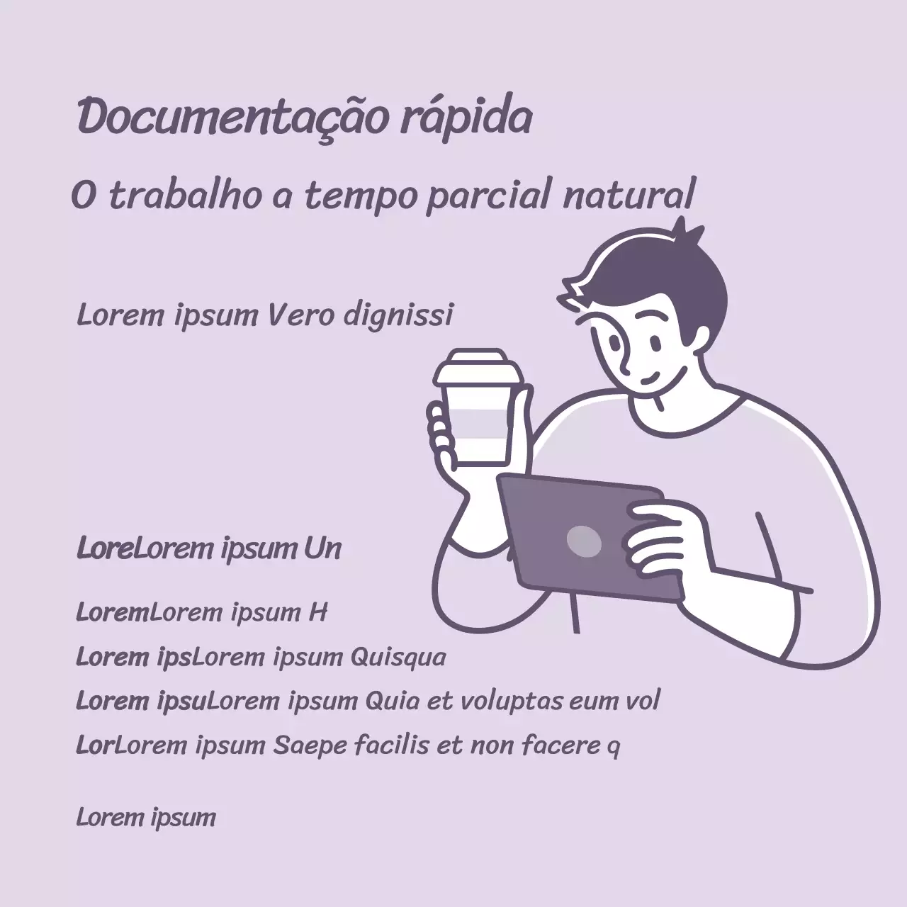 Ilustração simples roxa homem documentação tempo parcial currículo redes sociais quadrado