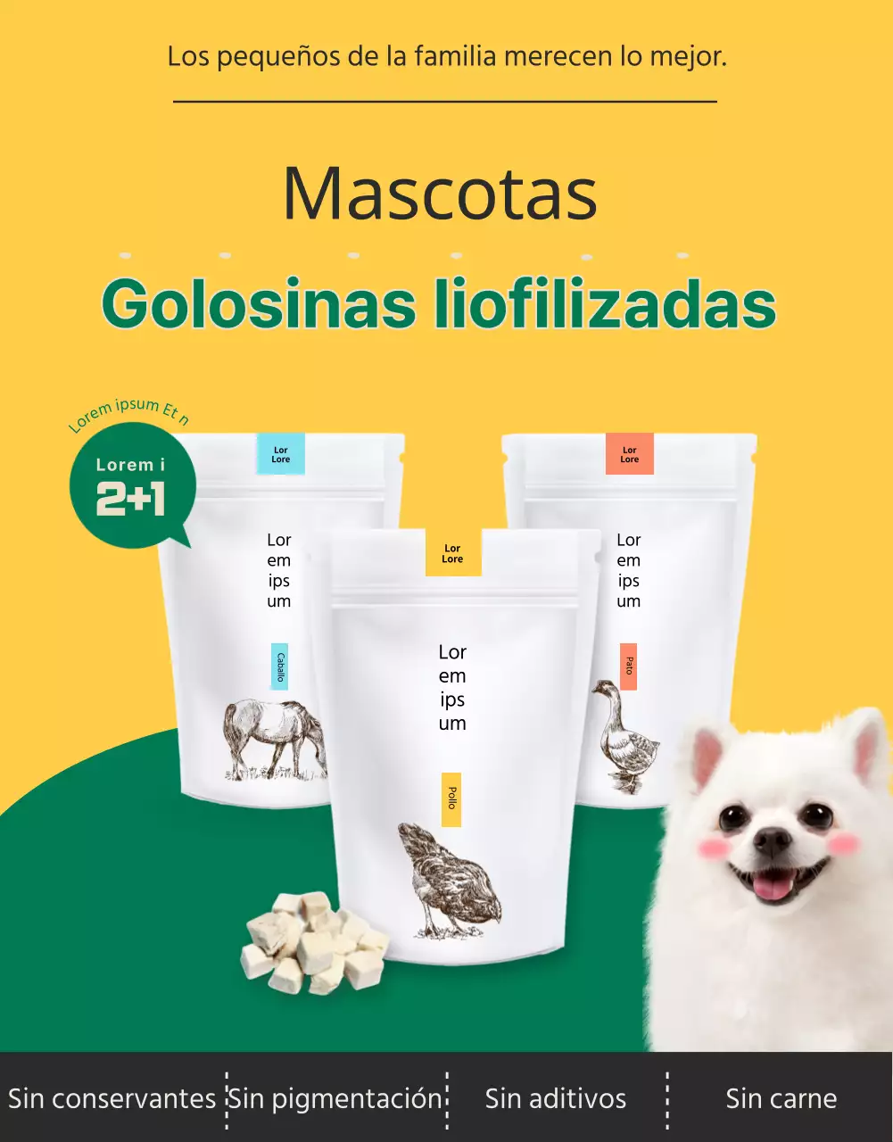Simpáticas golosinas amarillas y verdes para mascotas