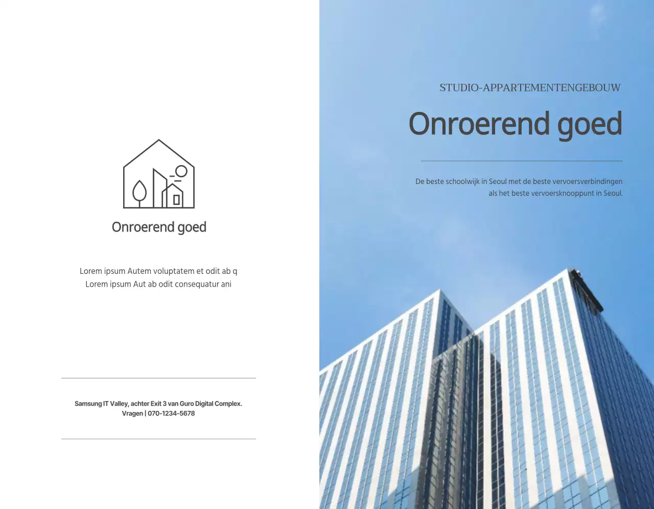 Een eenvoudige biz met donkergrijze tekst en afbeeldingen om onroerend goed te promoten.