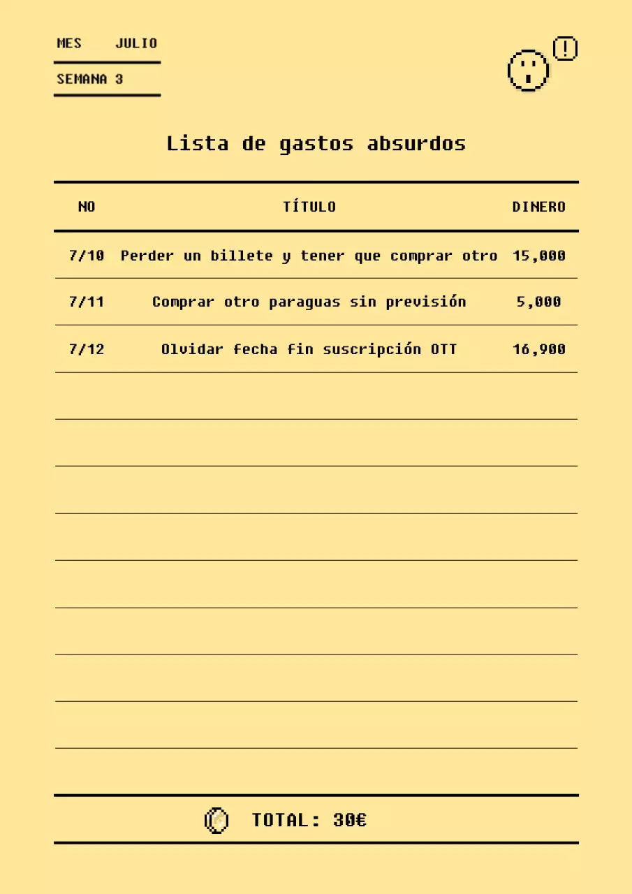Lista de gastos estúpidos en un concepto de recibo de mapa de bits amarillo