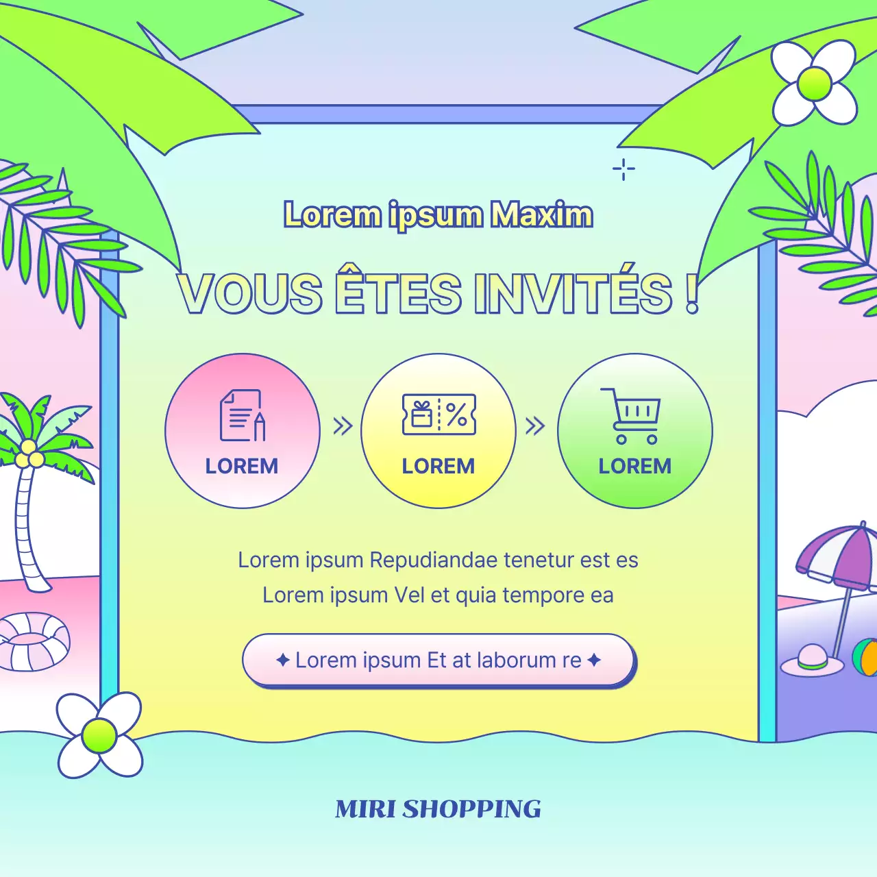 Annonce de promotion estivale dans les centres commerciaux en jaune tropical et bleu clair