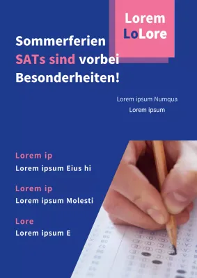 Werbung für Sommerkurse mit blauen und rosafarbenen Fotos von Studenten, die studieren