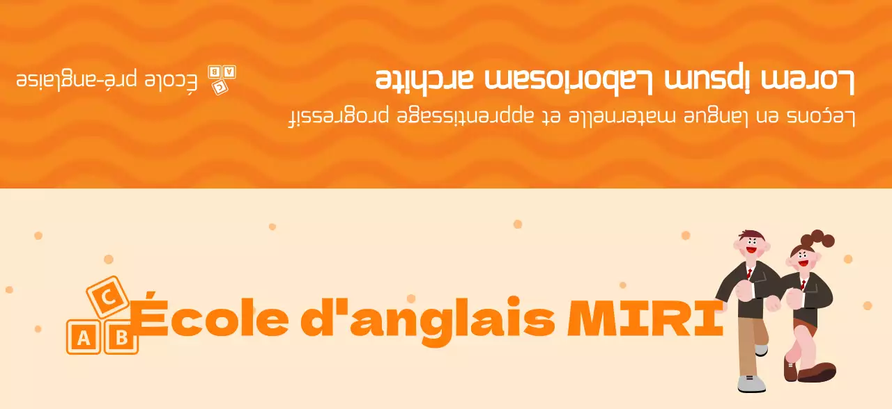 Promouvoir une école de langue anglaise avec une illustration d'étudiants en uniforme orange.