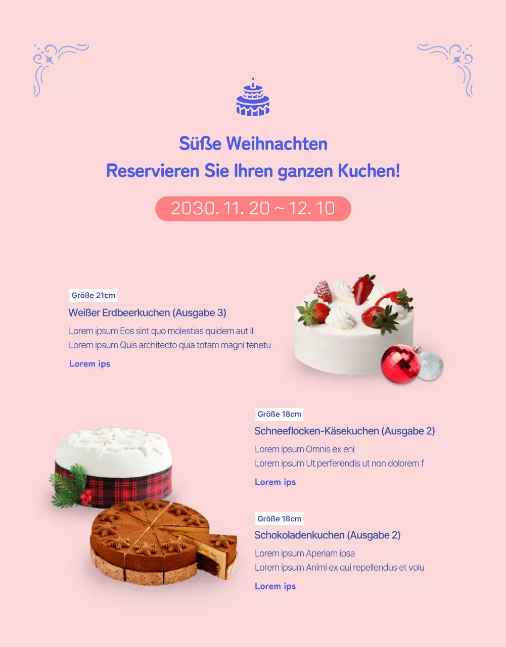 Tortenvorbestellung mit einem hübschen Kartenmotiv in leuchtendem Ultramarinblau