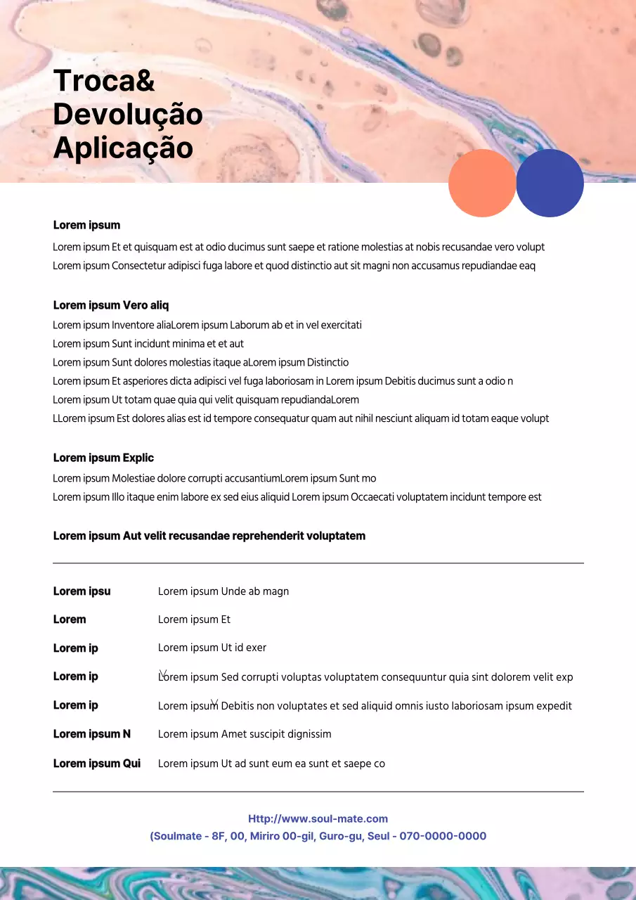 Modelo de documento de troca de devoluções de centro comercial com conceito de mármore marmoreado em tons de laranja e azul