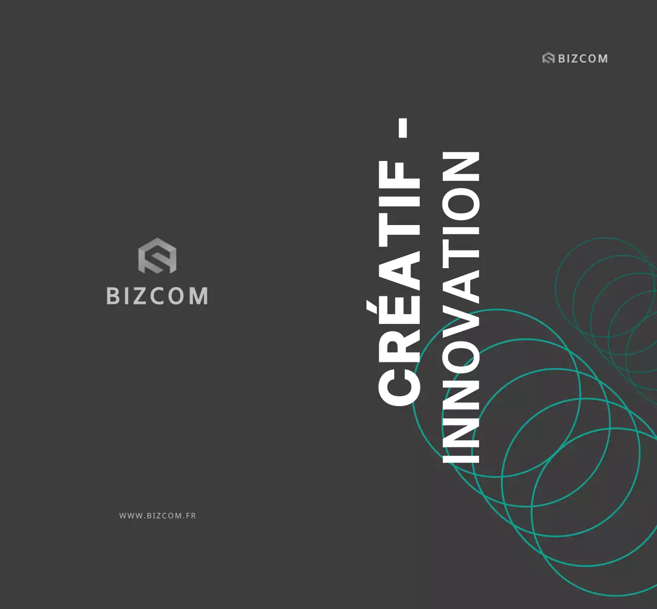 Promotion simple d'une entreprise bizcom avec texte et illustrations en noir et gris