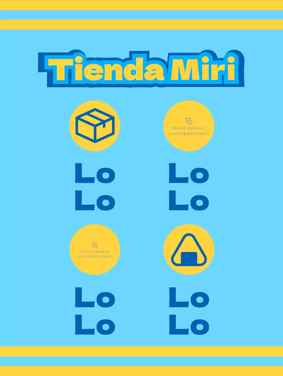 Tienda de comestibles con iconos azules y amarillos que promocionan diversos servicios