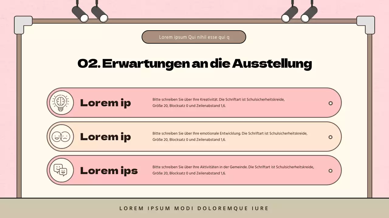 Minimalistischer Vorschlag für eine Kinderkunstausstellung in Rosa und Braun