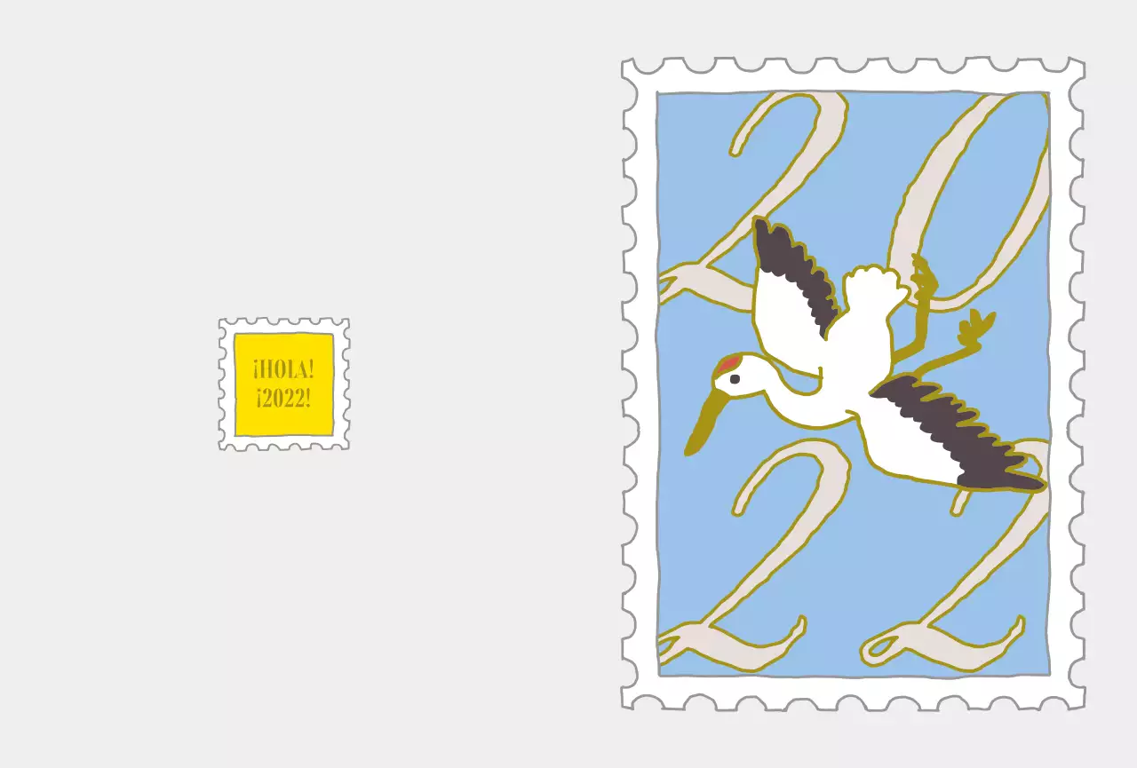 Sello de Año Nuevo con una simpática ilustración de una grulla en azul claro y amarillo