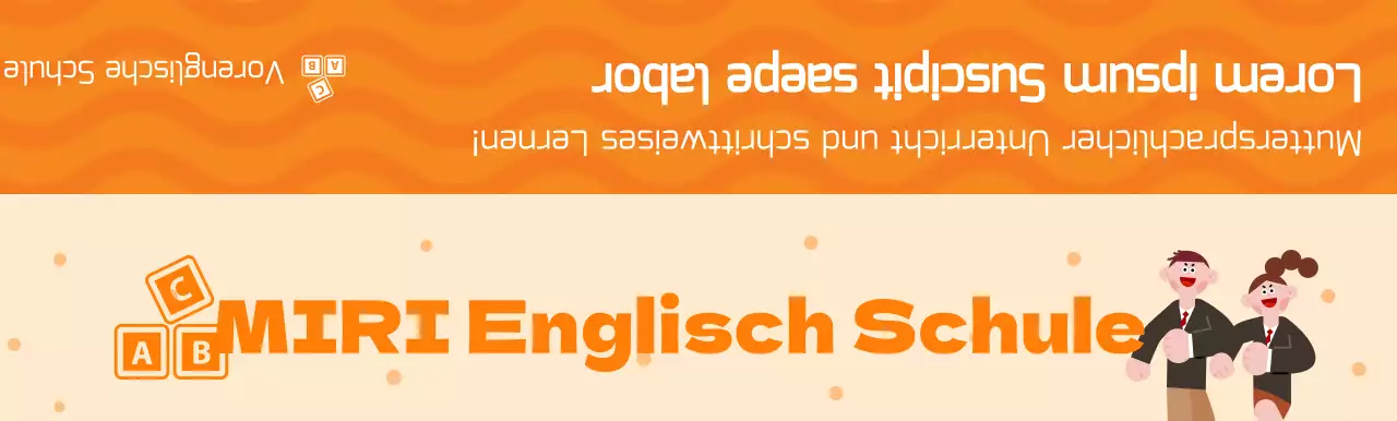 Bewerben Sie eine englische Sprachschule mit einer Illustration von Schülern in orangefarbenen Uniformen.