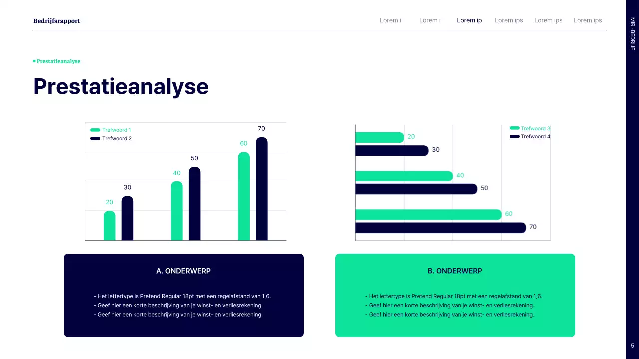 Eenvoudig prestatierapport voor de eerste helft met marineblauwe en groene cirkels