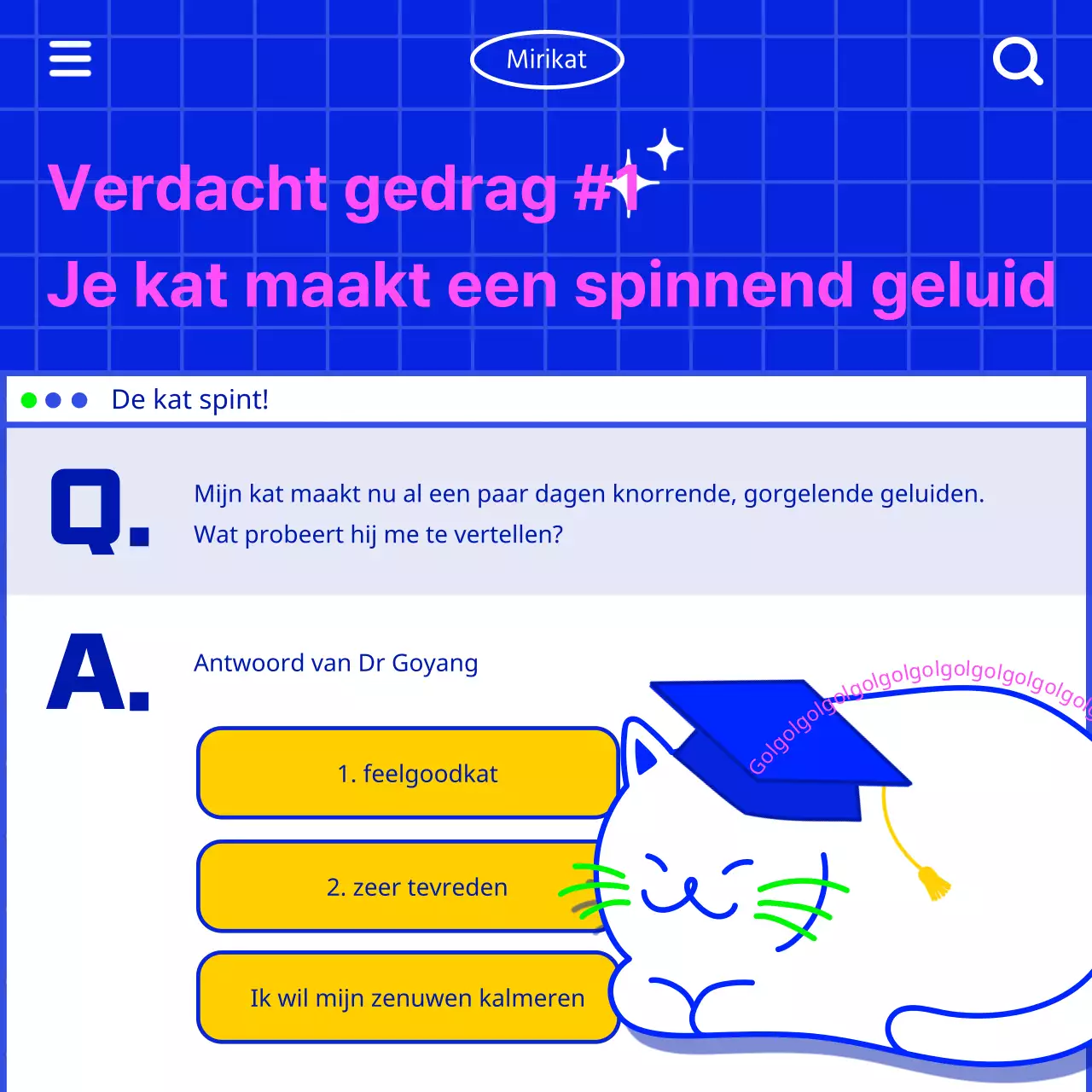 Communiceer katteninformatie met een retro internetgevoel met een witte kattenillustratie op een blauwe achtergrond