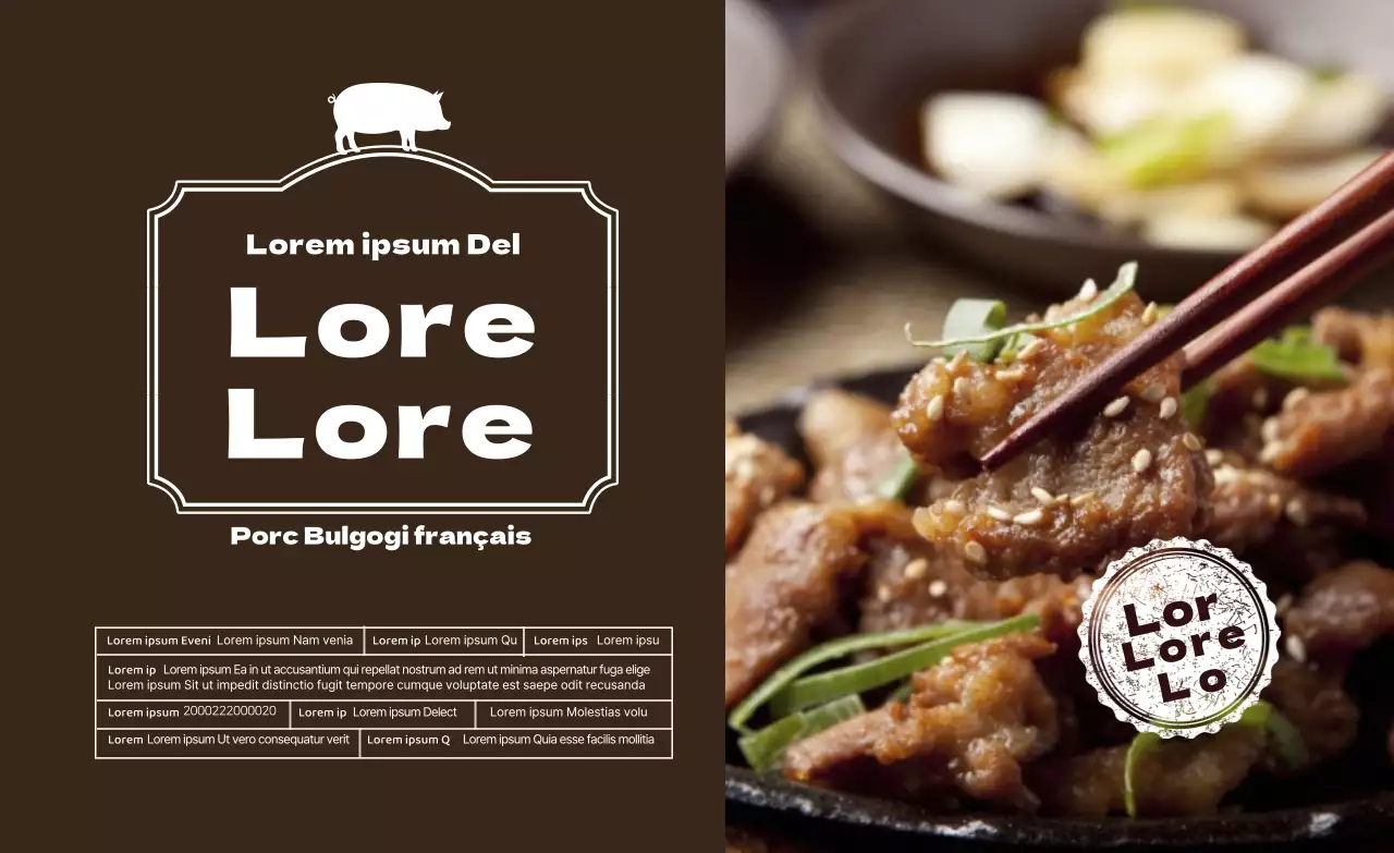 Icône brune Photo surlignée Aliments Charcuterie de porc Étiquette détaillée