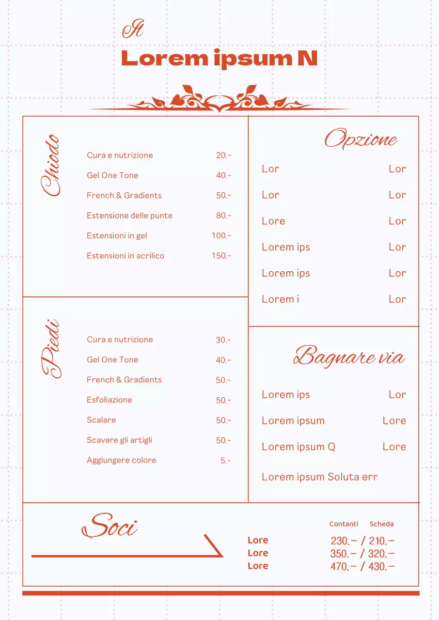 Tabellone del menu del salone per unghie con linee rosse