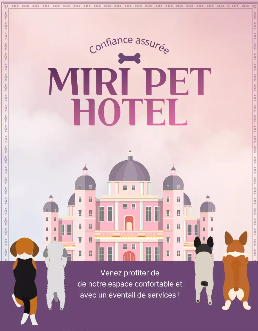 Faites la promotion de votre hôtel pour animaux en violet et en rose
