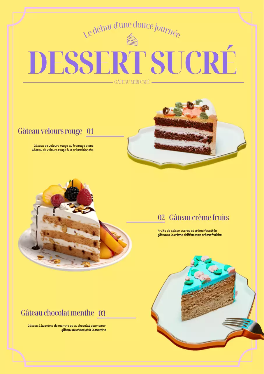 Une carte de dessert sensuelle sur fond jaune vif avec une touche de violet.