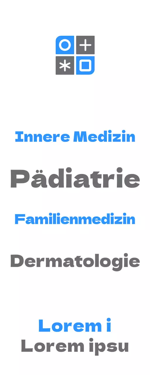 Ein einfaches Design mit einem blauen und grauen Logo und dem Namen der Praxis.