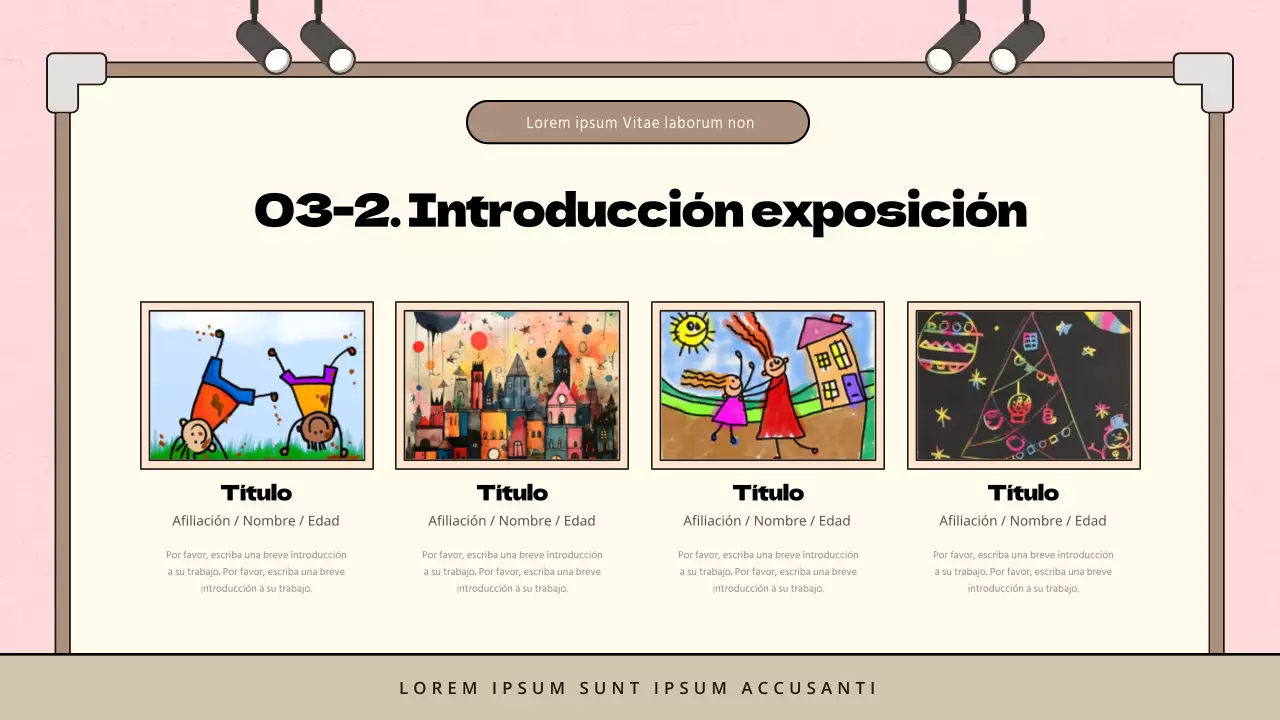 Propuesta de exposición de arte infantil minimalista en rosa y marrón