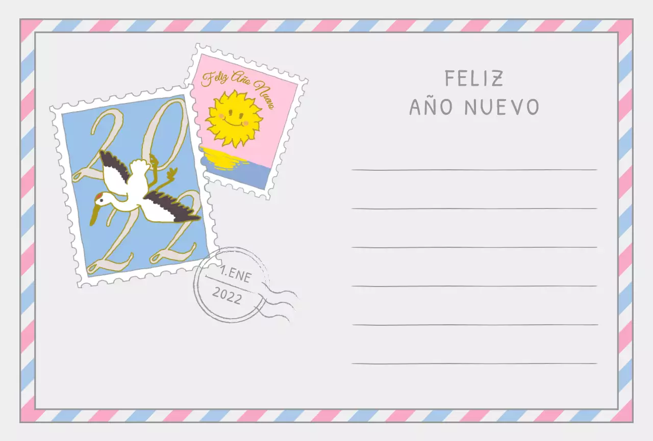 Sello de Año Nuevo con una simpática ilustración de una grulla en azul claro y amarillo