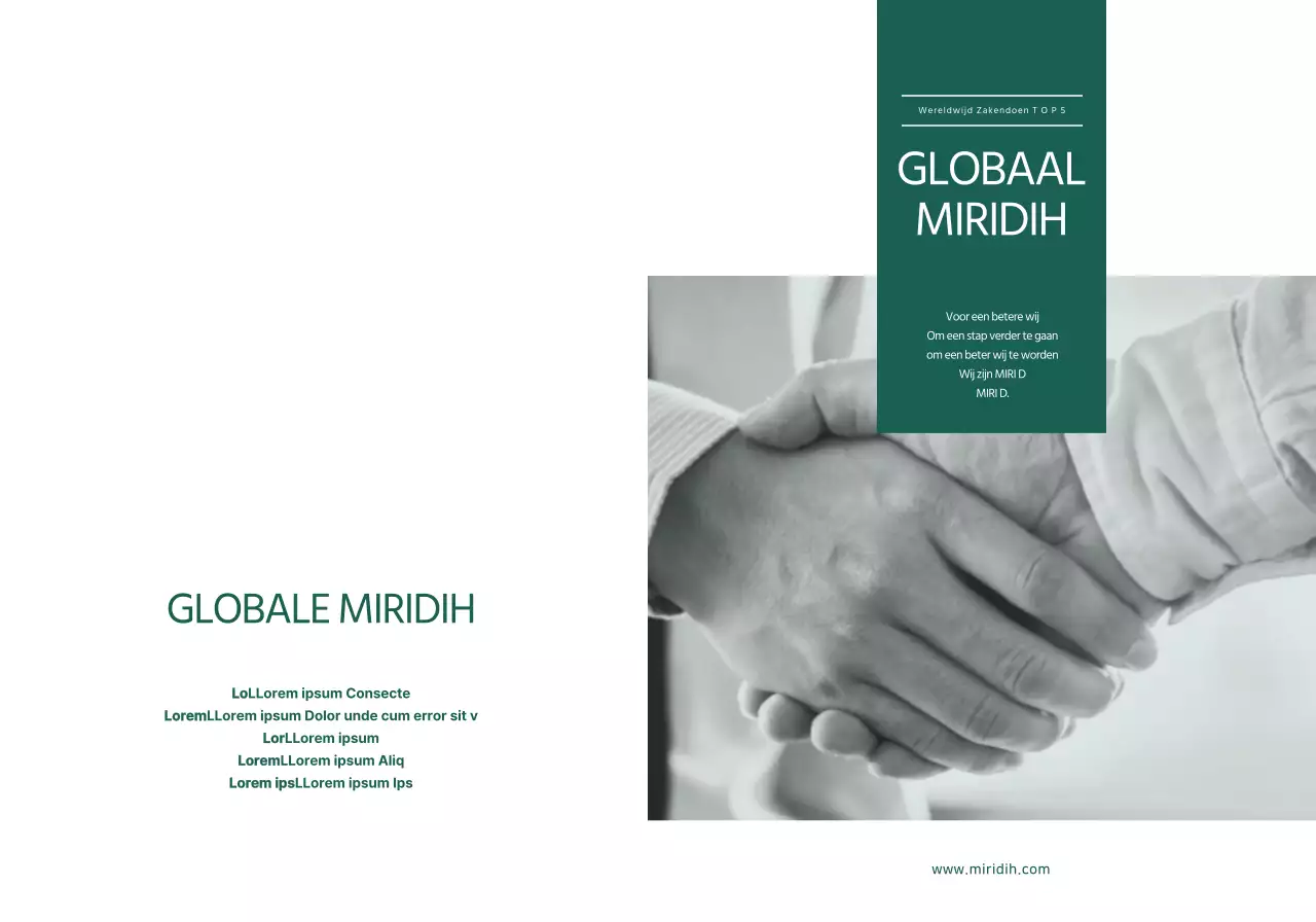 Een eenvoudige globale luchtspiegeling met donkergroene tekst en afbeeldingen om het bedrijf te promoten.