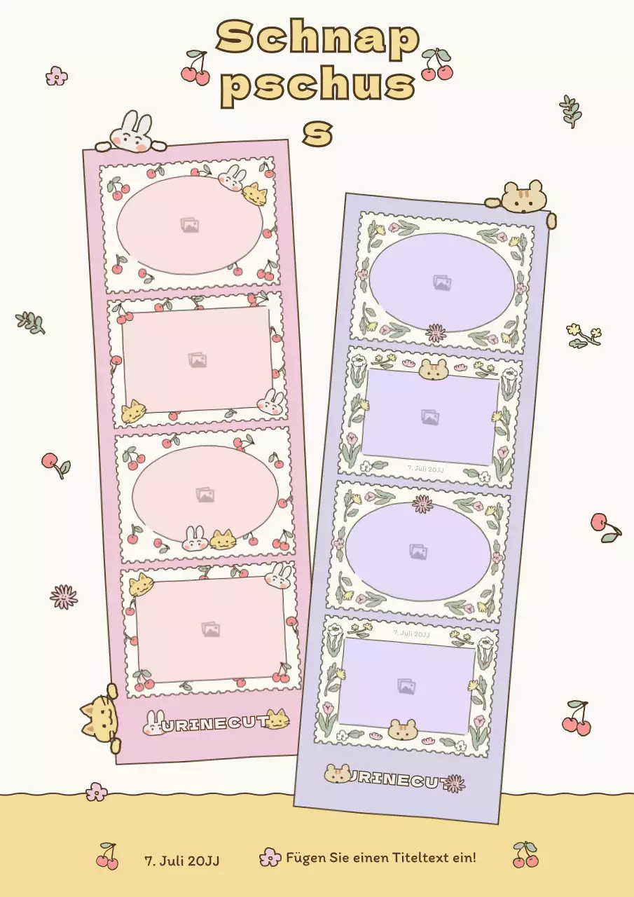 Vier-Ecken-Fotorahmen mit niedlichen Illustrationen in Beige, Rosa und Mauve