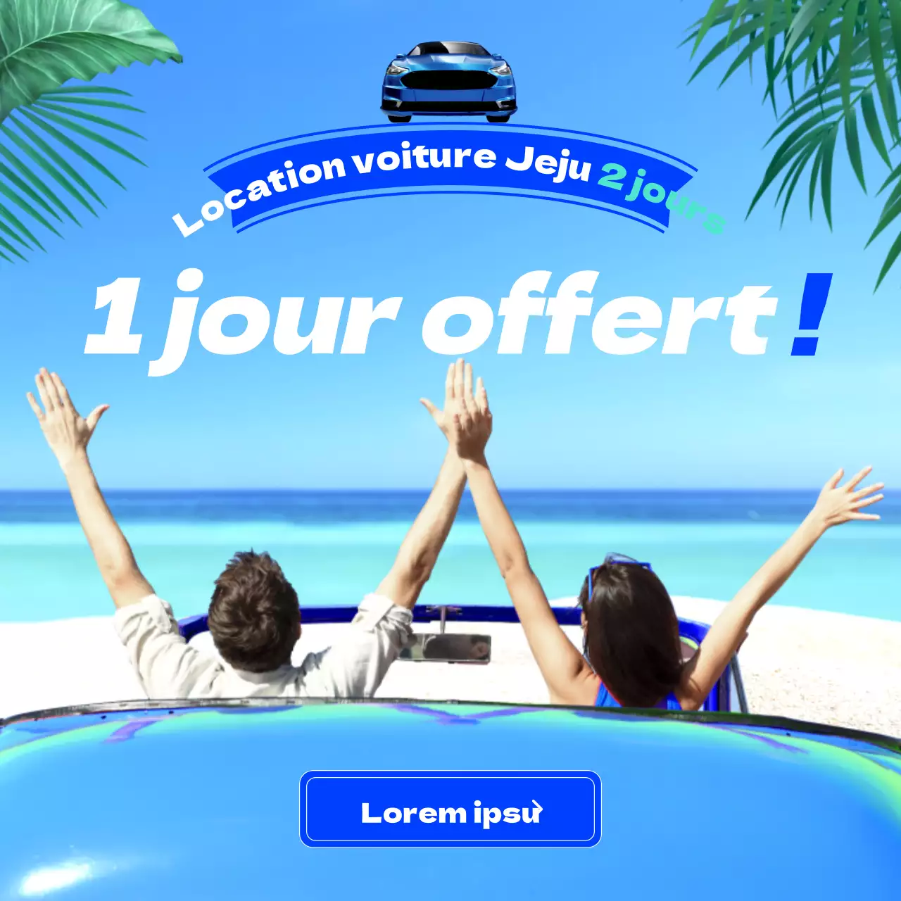 Promouvoir la location de voitures bleues et blanches sur l'île de Jeju