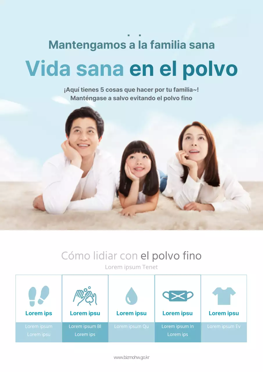 Un sencillo folleto azul claro para una campaña de prevención del polvo fino.