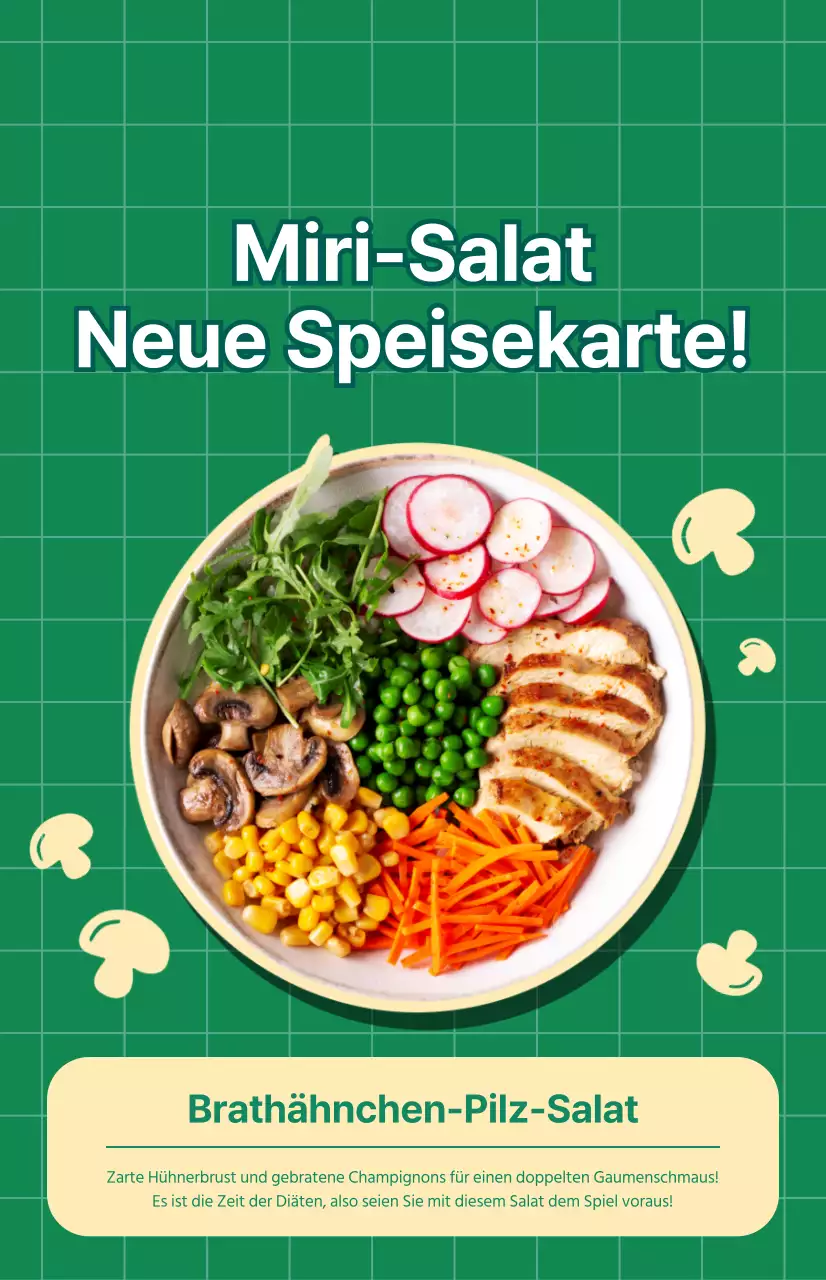 Werbung für ein neues Salatmenü mit grün kariertem Hintergrund