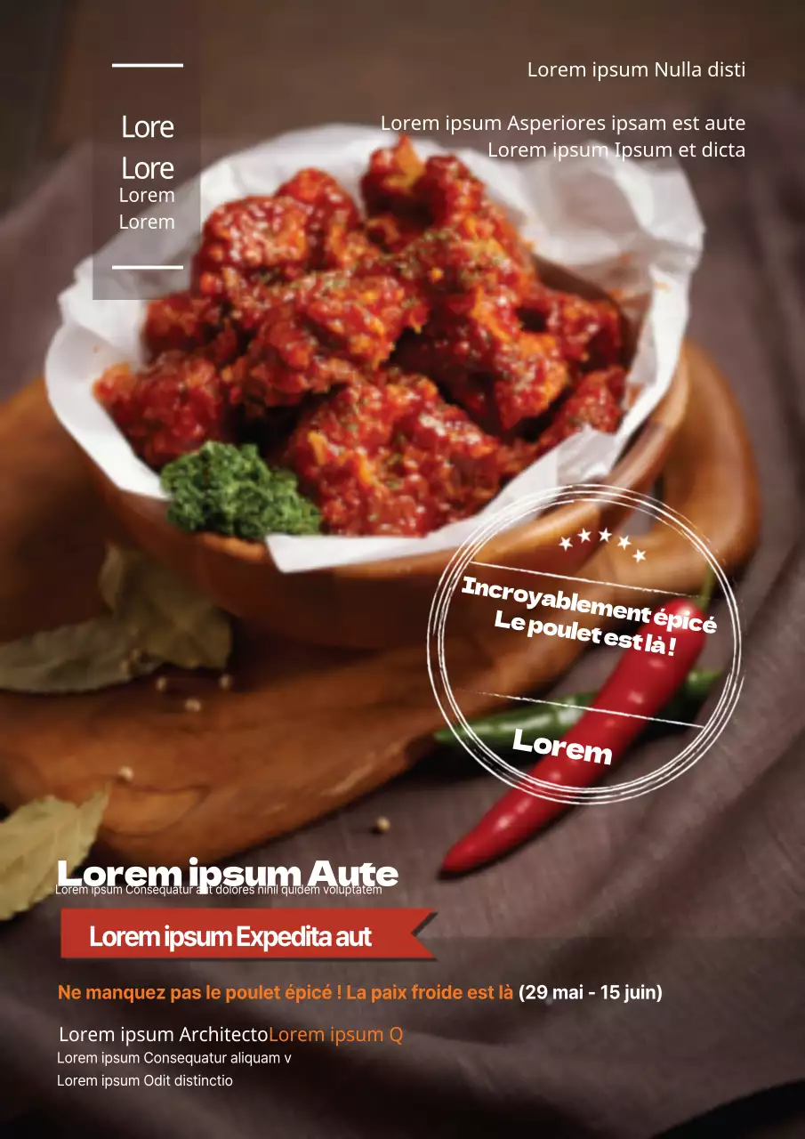 Flyer promotionnel pour un restaurant de poulets avec un design simple et centré sur la photo