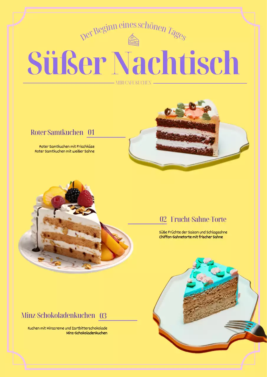 Eine sinnliche Dessert-Café-Karte mit leuchtend gelbem Hintergrund und lila Akzentfarbe.