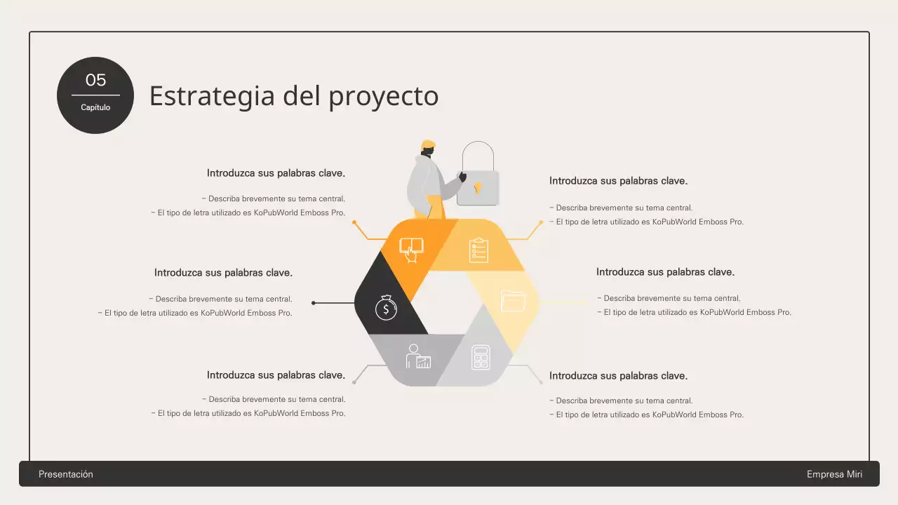 Propuesta de negocio con elementos hexagonales amarillos
