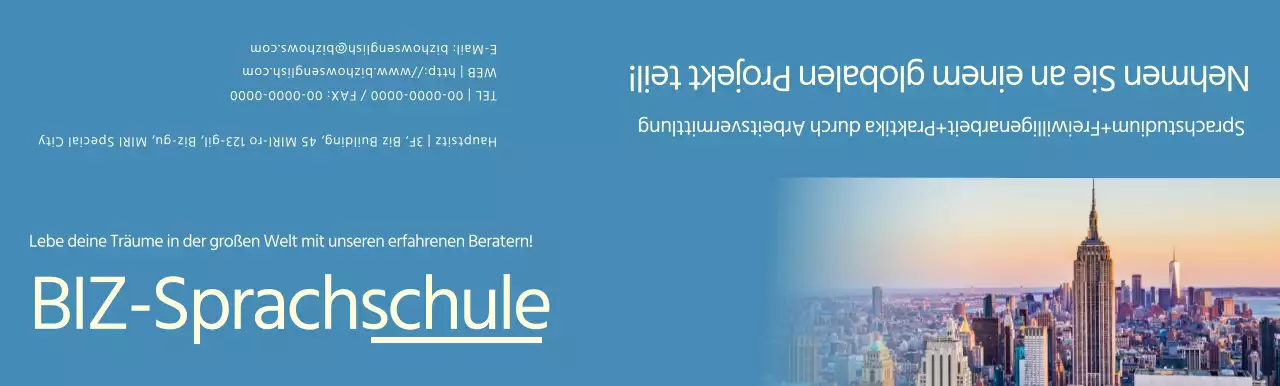 Werbung für eine Sprachschule mit blauen und gelben Fotos von fremden Landschaften