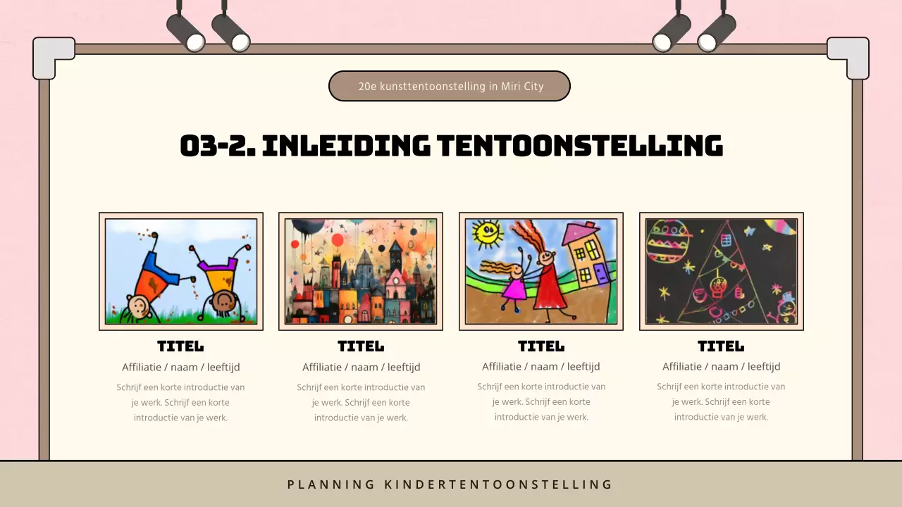 Minimalistisch voorstel voor kindertentoonstelling in roze en bruin