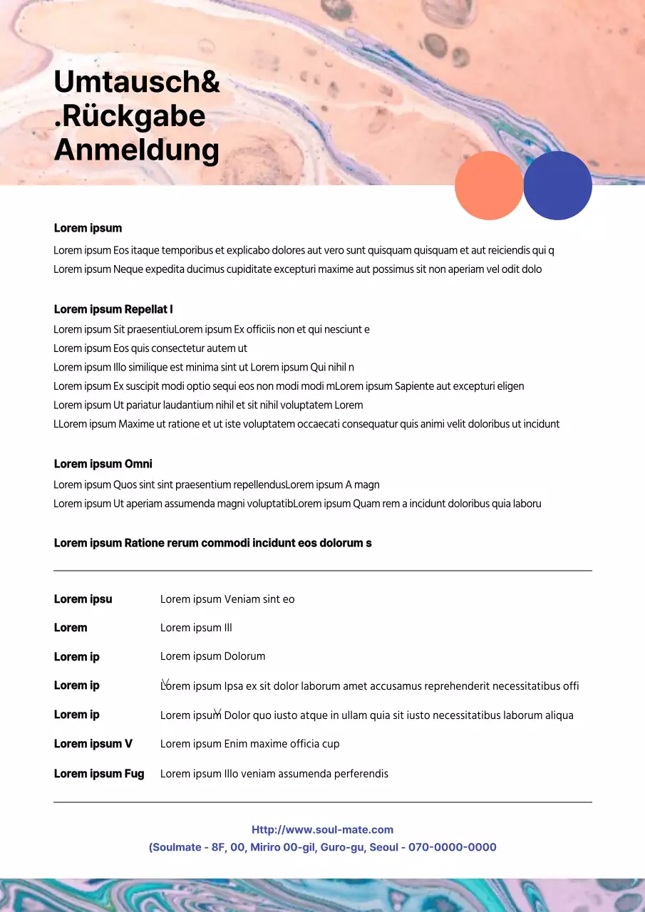 Einkaufszentrum Rückgabe Umtausch Dokument Vorlage mit marmorierten Marmor Konzept in orange-blauen Tönen