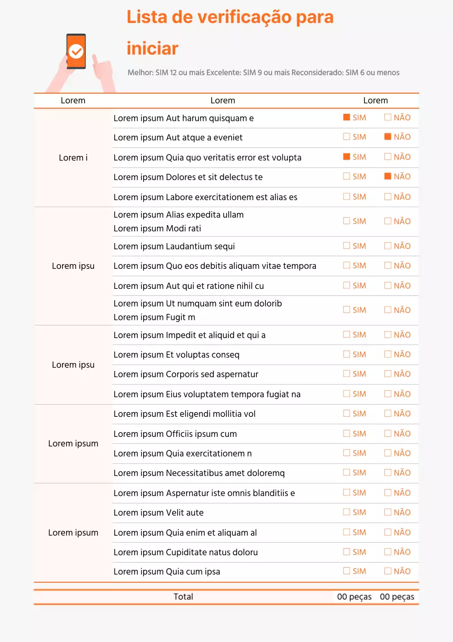 Documentação da lista de verificação de itens de arranque laranja