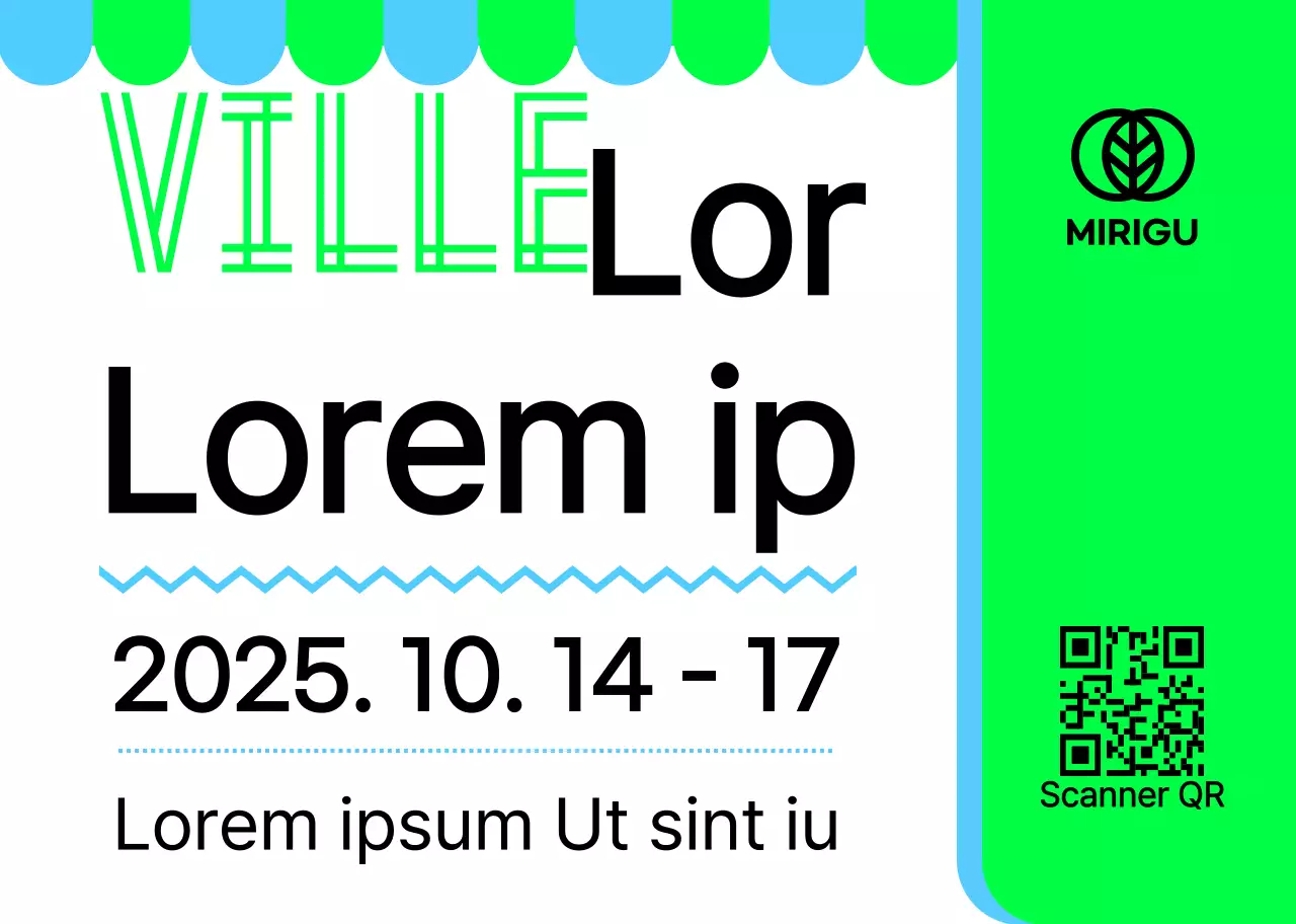 Un panneau promotionnel avec une annonce de marché aux puces vert ciel noir et plusieurs illustrations de formes.