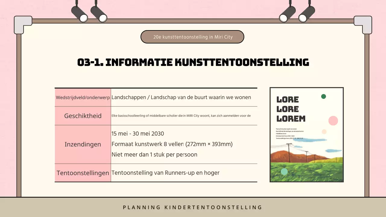 Minimalistisch voorstel voor kindertentoonstelling in roze en bruin