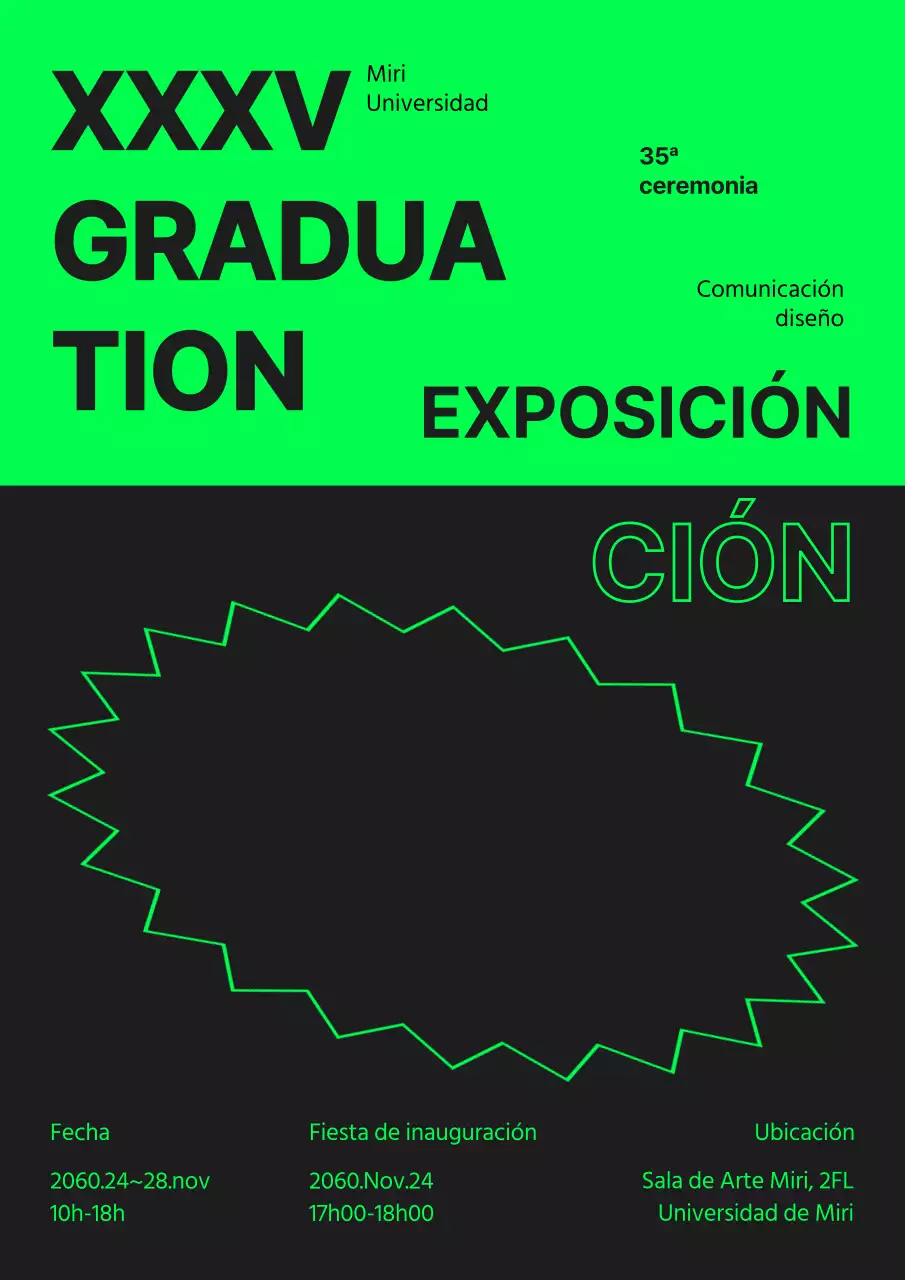 Guía de exposiciones de graduación con acentos de texto en negro y neón