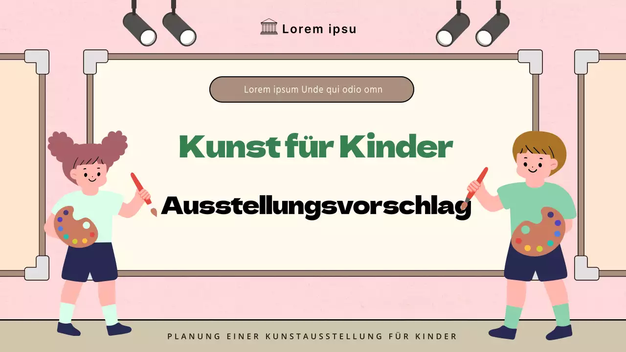 Minimalistischer Vorschlag für eine Kinderkunstausstellung in Rosa und Braun