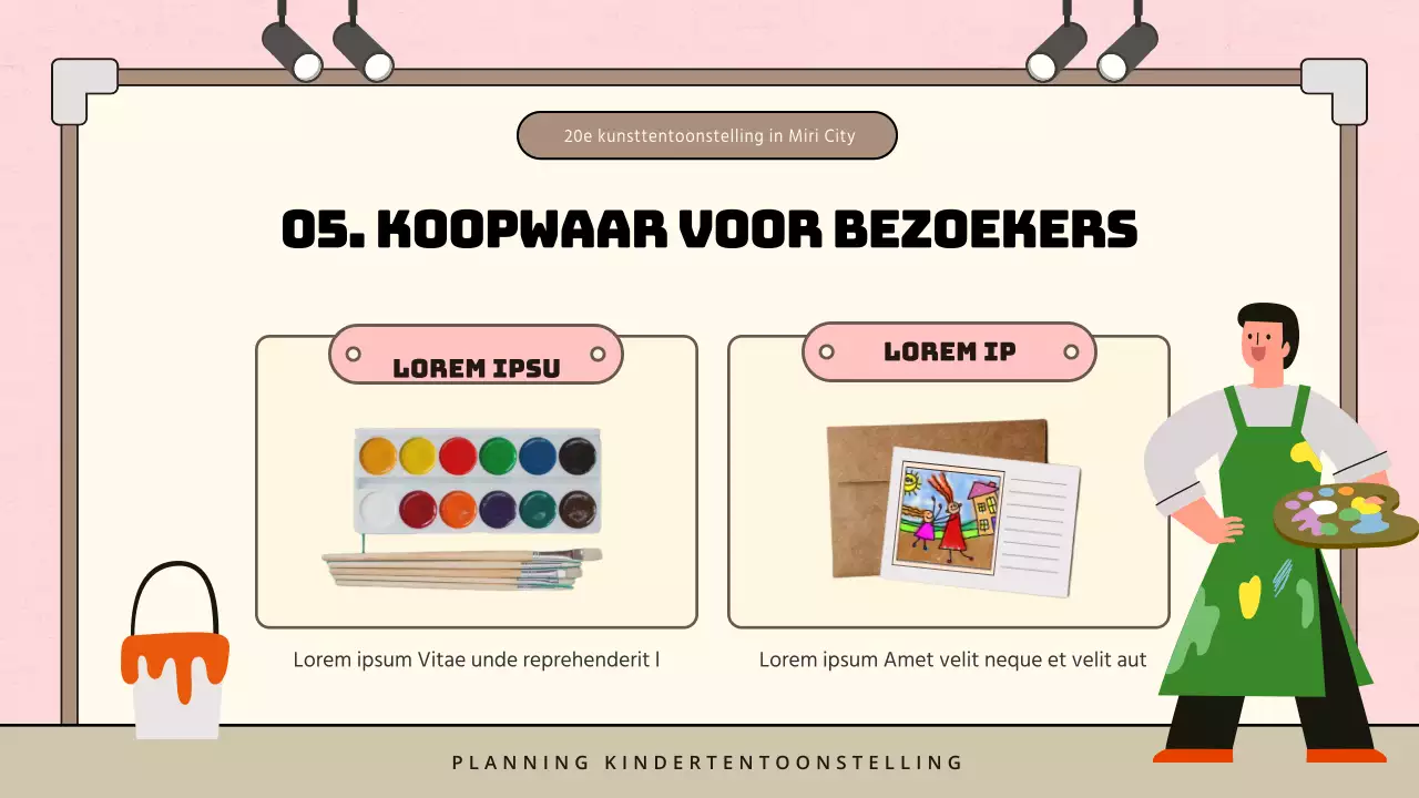 Minimalistisch voorstel voor kindertentoonstelling in roze en bruin