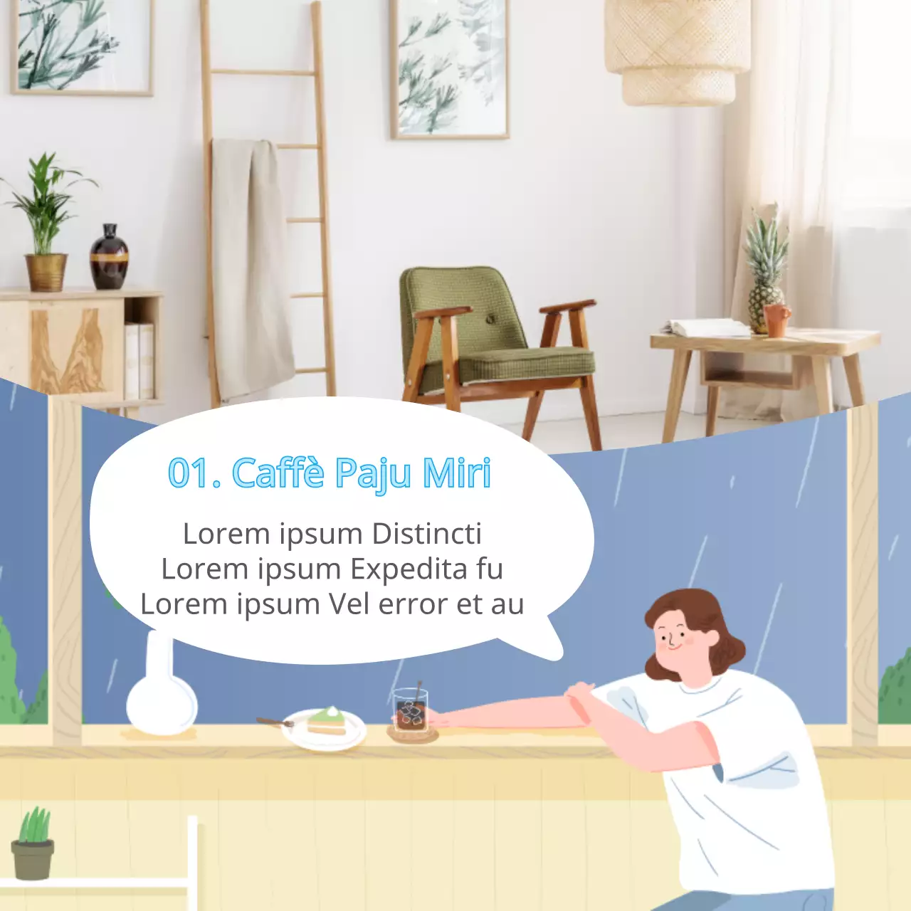 Raccomandazioni per un giorno di pioggia in un caffè dai toni blu