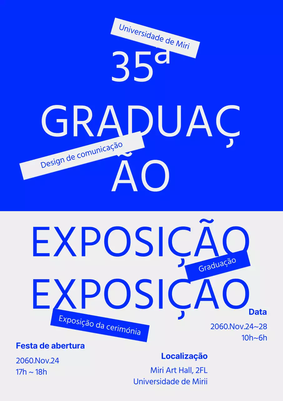 Anúncio de exposição de graduação com destaques de texto em azul e cinzento