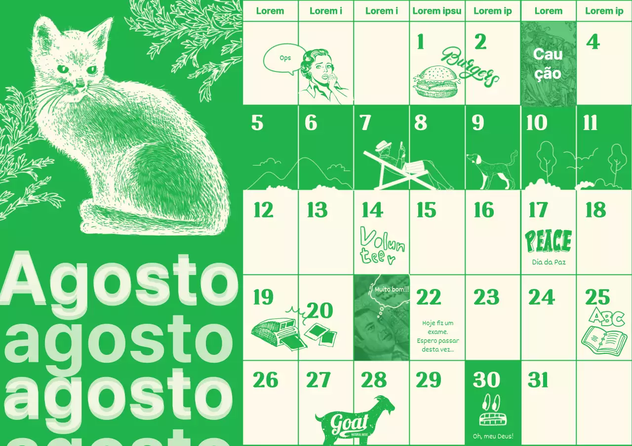Calendário de reflexões sentimentais vintage ilustrado com fundo verde