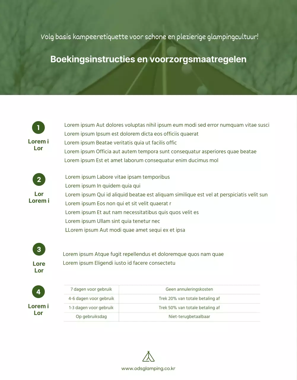 Eenvoudige groen geïllustreerde boekingspagina voor campings