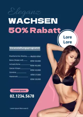 Waxing-Rabatte mit Bildern von Mädchen in marineblauen und rosa Bikinis